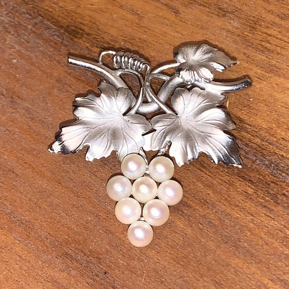 925 Sterling Silver Brooch Pin HARRY BICK Etched Leaves Pearl Grapes Akoya Pearl